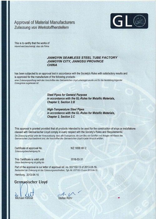 Certificat de la société de classification GL allemande